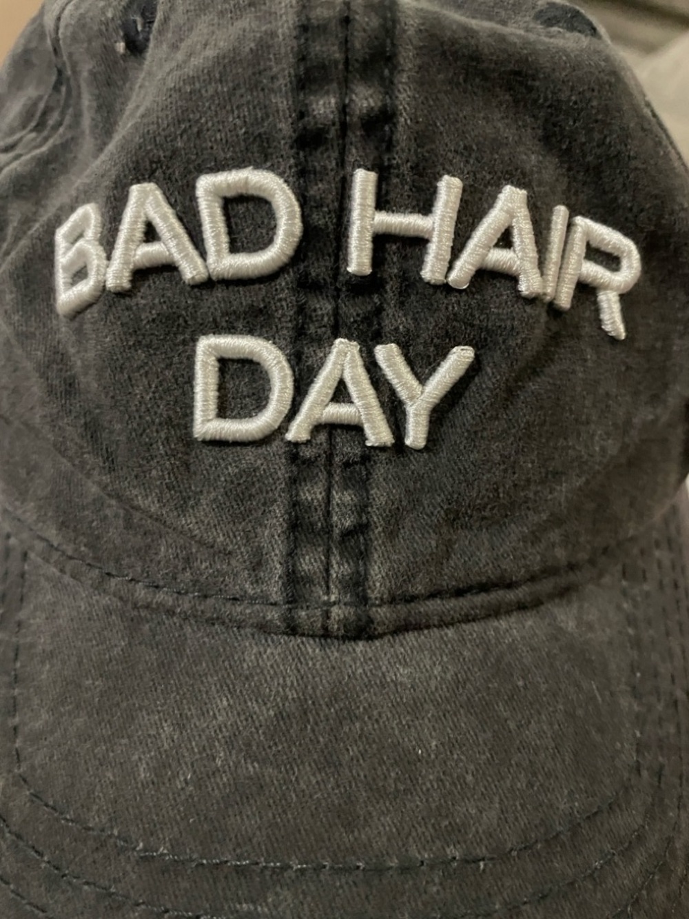 Distressed dark gray “BAD HAIR DAY' white Embroidered Baseball Cap Fun